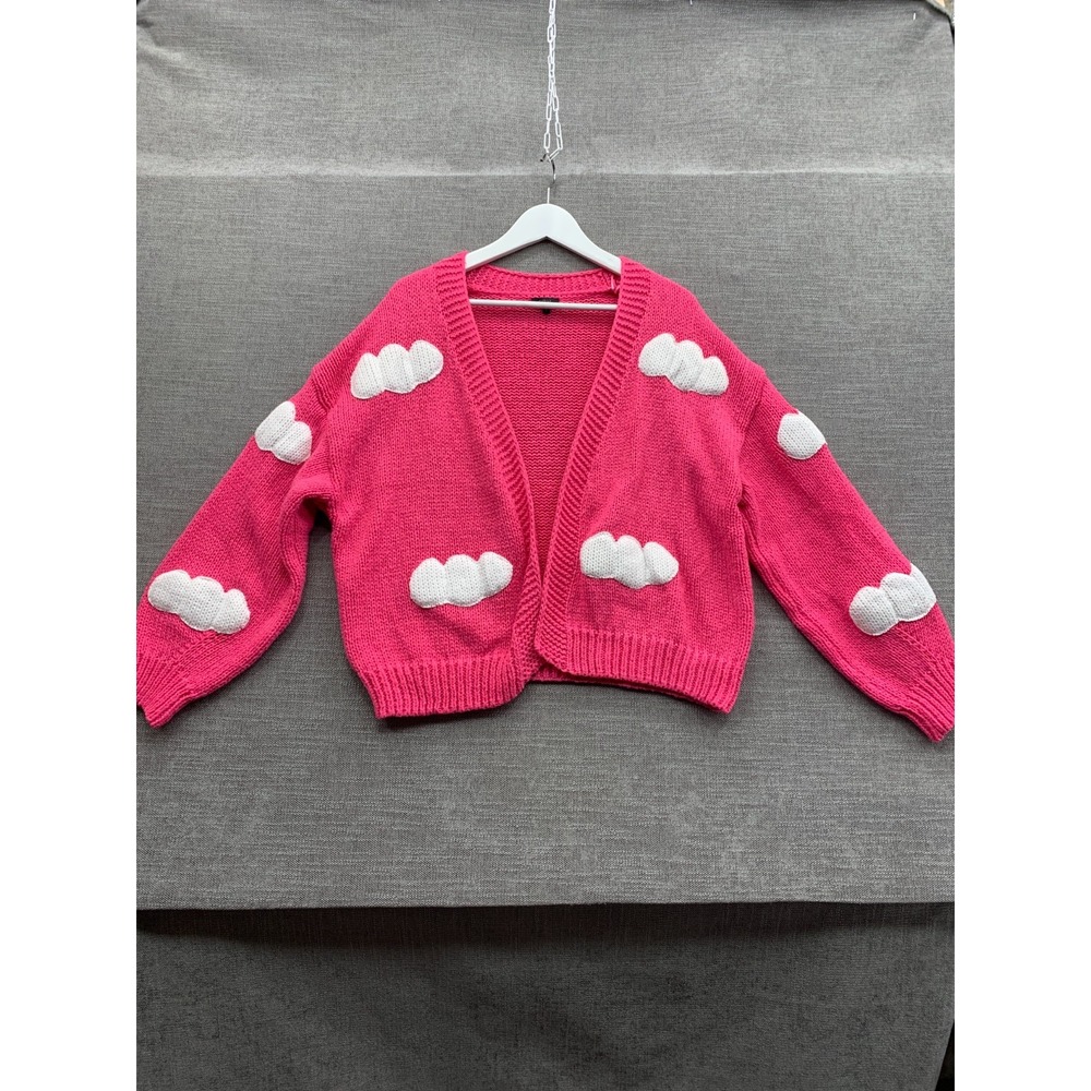 Debut Cardigan Sweater Womens Large Pink Cloud Applique Chunky Knit Open Front